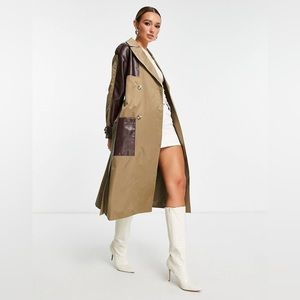 4th & Reckless trench coat with contrast leather look detailing in brown